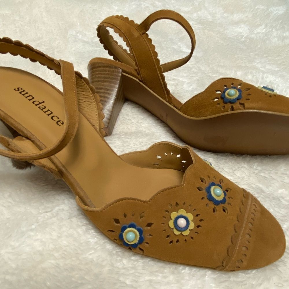 Sundance Tan Suede Beaded Heels Made in Spain size 38 Women’s